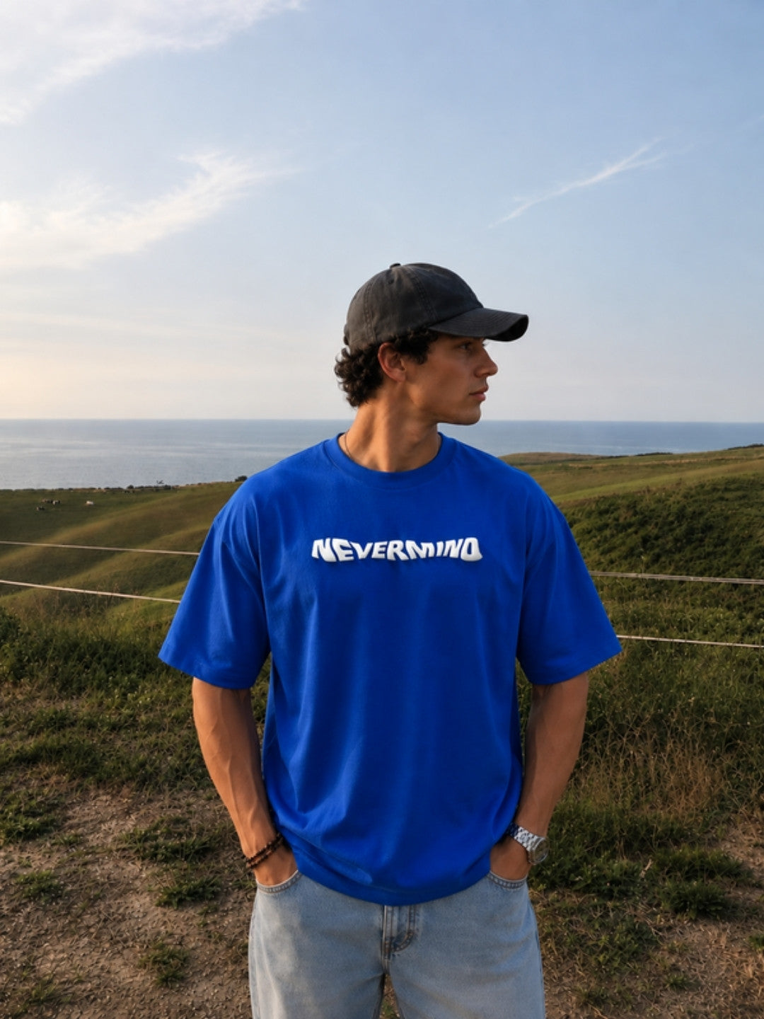 Royal blue Nevermind t-shirt on model