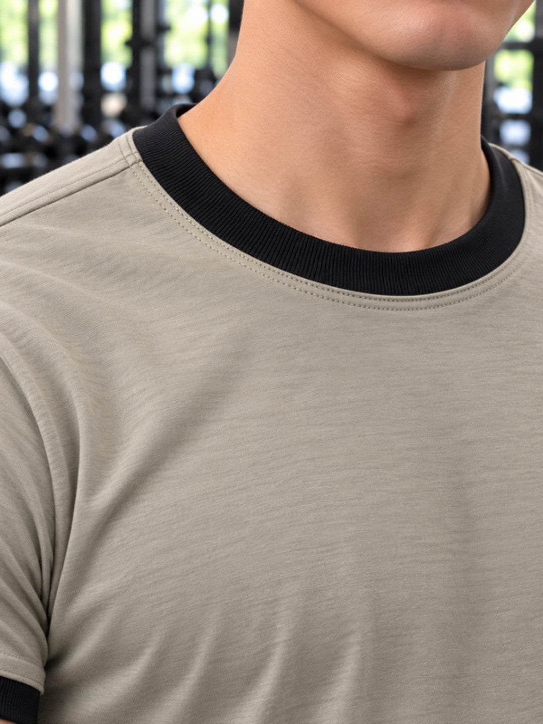 Khaki ringer t-shirt collar detail