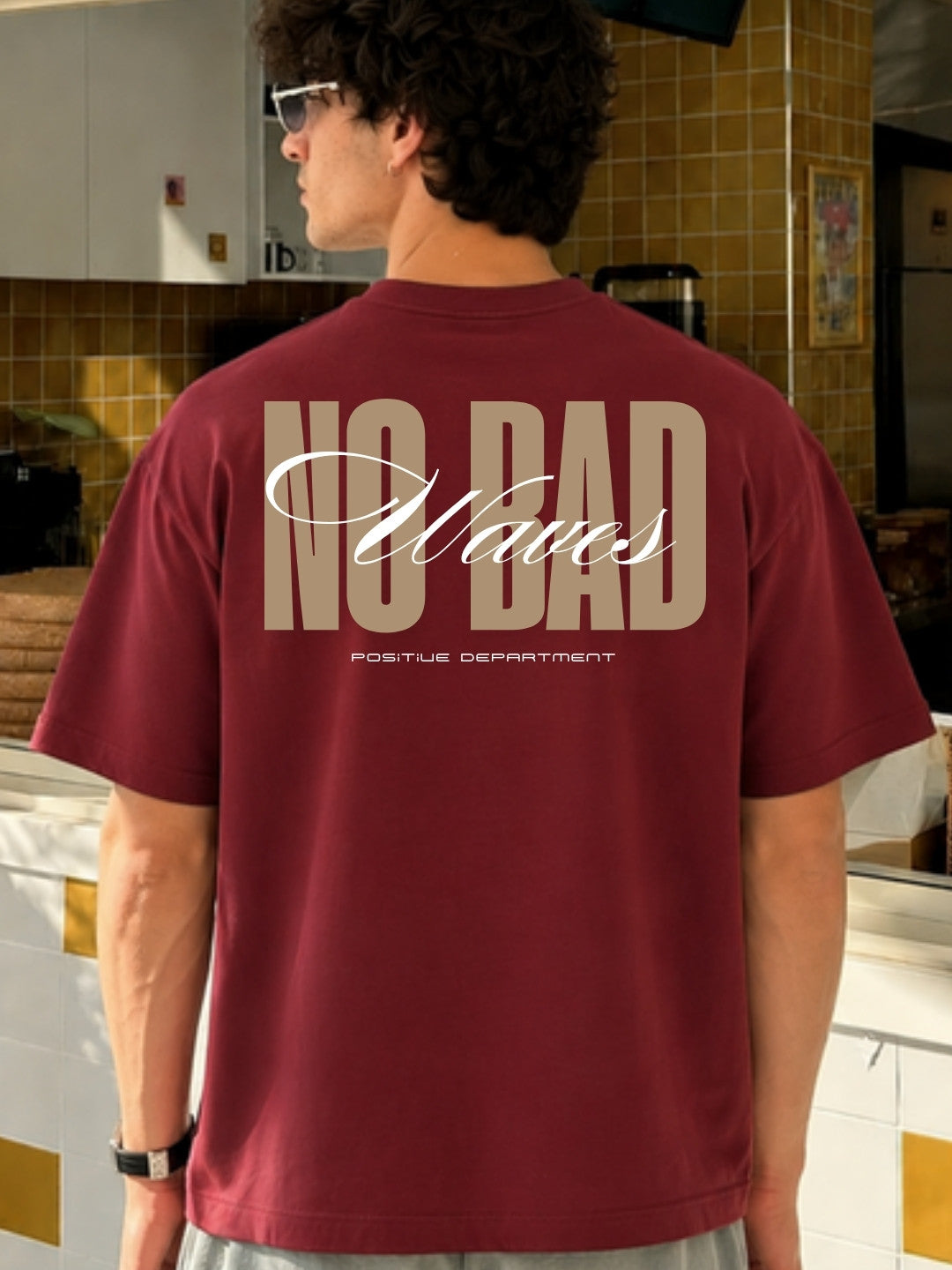 Maroon No Bad Waves t-shirt side