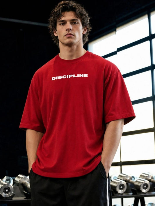 Red DISCIPLINE tee front on model
